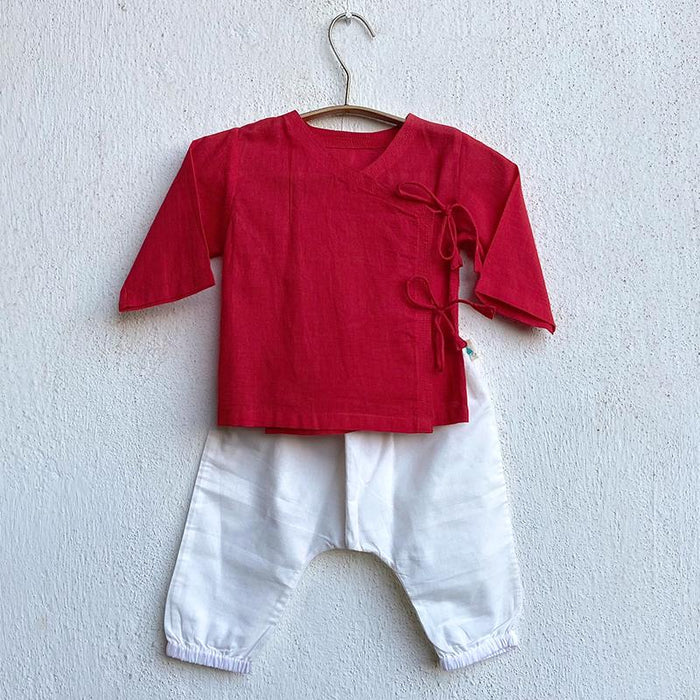 Red Angrakha & White Pant Set