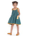 Young girl in a sleeveless Lagoon striped Mangalgiri cotton dress with yellow lace trims and a patch pocket.