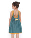 Young girl in a sleeveless Lagoon striped Mangalgiri cotton dress with yellow lace trims and a patch pocket.