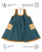 Lagoon striped Mangalgiri cotton dress with yellow lace trims and tassel tie-up, front view.