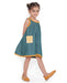 Young girl in a sleeveless Lagoon striped Mangalgiri cotton dress with yellow lace trims and a patch pocket.