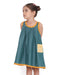 Young girl in a sleeveless Lagoon striped Mangalgiri cotton dress with yellow lace trims and a patch pocket.