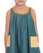 Lagoon striped Mangalgiri cotton dress with yellow lace trims and tassel tie-up, front view.