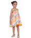 Young girl wearing a colorful Whimsy Hills limited edition sleeveless dress with Schiffli cotton embroidery and yellow lace trim