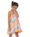 Young girl wearing a colorful Whimsy Hills limited edition sleeveless dress with Schiffli cotton embroidery and yellow lace trim