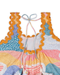 Close-up of colorful Whimsy Hills limited edition dress with Schiffli cotton embroidery and yellow lace trim, worn by a young girl