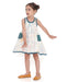 Young girl wearing a sleeveless Voyager Trails cotton dress with multicolour map print and blue lace trim, standing with arms outstretched.