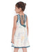 Young girl wearing a sleeveless Voyager Trails cotton dress with multicolour map print and blue lace trim, standing with arms outstretched.