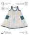 Front view of a Voyager Trails cotton dress with multicolour map print, blue lace trim, and tassel tie-up detail