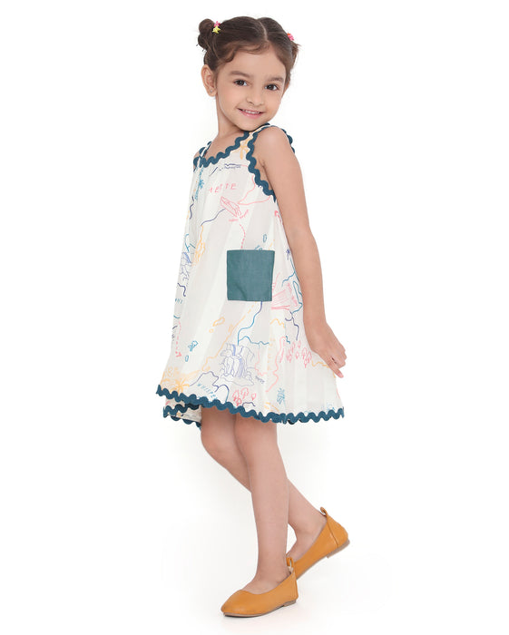 Young girl wearing a sleeveless Voyager Trails cotton dress with multicolour map print and blue lace trim, standing with arms outstretched.