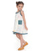 Young girl wearing a sleeveless Voyager Trails cotton dress with multicolour map print and blue lace trim, standing with arms outstretched.