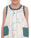 Close-Up view of a Voyager Trails cotton dress with multicolour map print, blue lace trim, and tassel tie-up detail