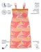 Candy Escape Midi Dress with vibrant pink and yellow hand-drawn print, featuring yellow lace trim, adjustable straps, and plantable tag. Made from 100% natural, hypoallergenic cotton fabric, machine washable for easy care