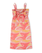 Candy Escape Midi Dress with vibrant pink and yellow hand-drawn print, featuring yellow lace trim, adjustable straps, and plantable tag. Made from 100% natural, hypoallergenic cotton fabric, machine washable for easy care