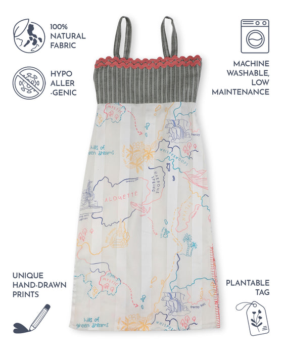 Voyager Trails midi dress with multicolour map print, green striped bodice, and pink lace trim, featuring icons highlighting 100% natural fabric, hypoallergenic material, machine washability, and a plantable tag.