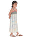 Young girl wearing a Voyager Trails midi dress with a multicolour map print, green striped bodice, and pink lace trim, posing confidently.