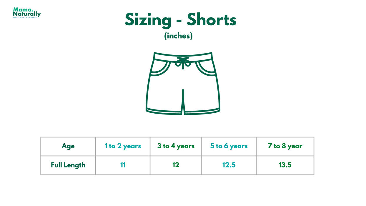 Bamboo Fabric Shorts for Kids. Size chart. 