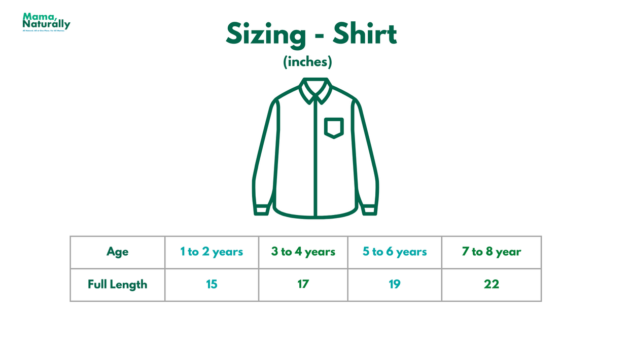Full-sleeved, formal shirt for boys. Size chart. 