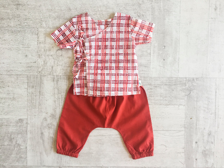 Organic Cotton Angrakha and Red Pyjama Pant Set - Checks