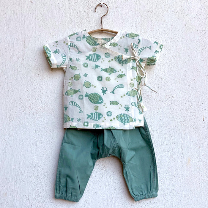 Organic Cotton Printed Angrakhas and Mint Pant Set