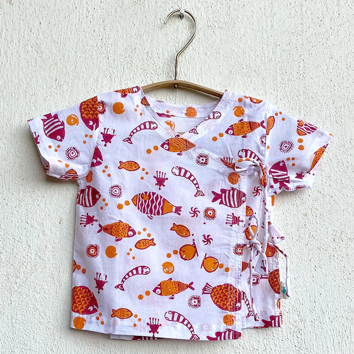 Organic Cotton Koi Fish Printed Angrakha and Red Pant Set