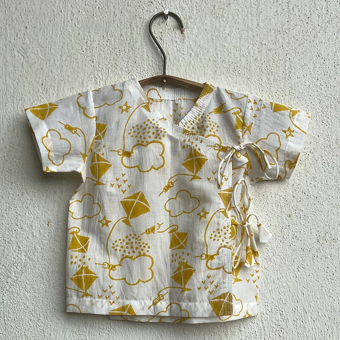 Organic Cotton Kite Printed Angrakha and Yellow Pant Set