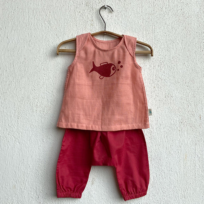 Organic Cotton Koi Print Peach Jabla with Red Pants