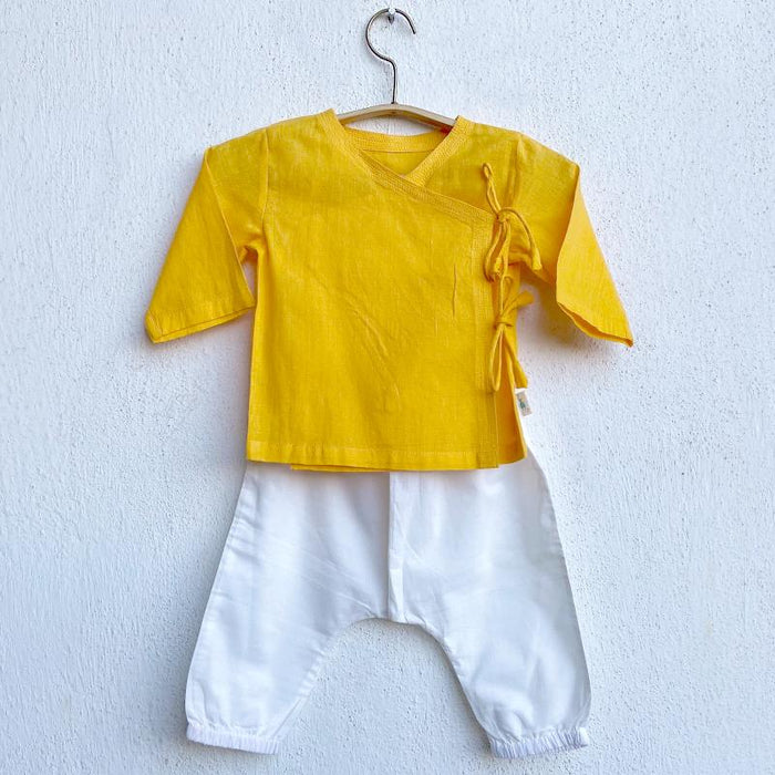 Organic Cotton Yellow Angrakha and White Pant Set